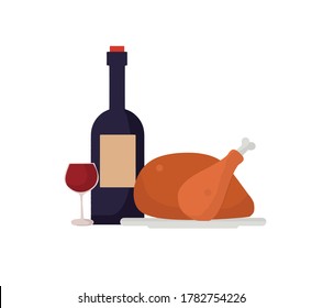 Red wine and roasted turkey for dinner. Vector icon