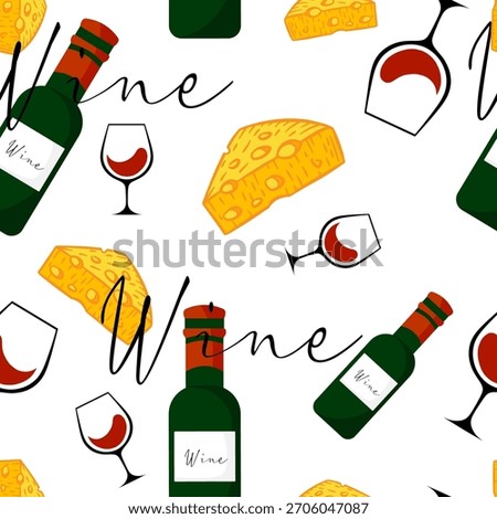 Red wine seamless pattern. Cartoon alcohol background. Wine glass, wine bottle, cheese.