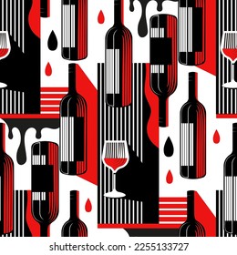 Red wine seamless vector pattern, drink bottle glass modern geometric background. Creative fashion wallpaper. Creative design.