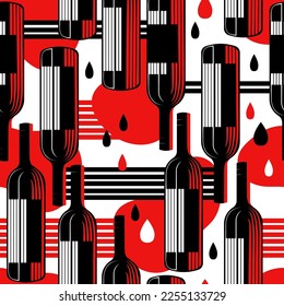 Red wine seamless vector pattern, drink bottle glass modern geometric background. Creative fashion wallpaper. Creative design.