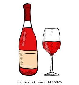 Red wine set. Bottle and glass. Hand drawn colored sketch. Vector illustration isolated on white background