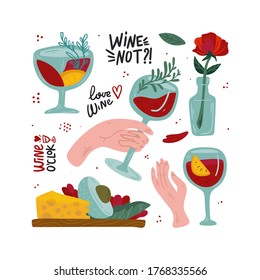 Red wine set. Isolated Vector illustration. Funny colored typography poster, apparel print design. Scandinavian nordic design for bar or interior or cover or textile or background.

