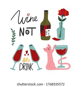 La selección de vino tinto. Ilustración de vectores aislados. Afiche de tipografía de colores divertidos, diseño de impresión de ropa. Diseño nórdico escandinavo para barra o interior o cubierta o textil o fondo.
