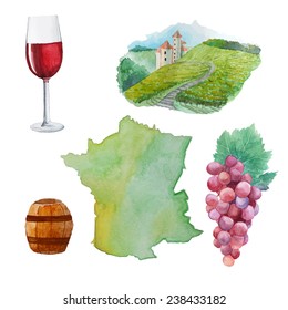 Red wine sey. Watercolor silhouette of France, red wine glass, vineyard and bunch of grapes. Hand drawn vector illustrations of Winemaking in France