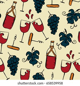 Red wine sommelier party seamless vector pattern with hand-drawn elements. Included grapes, leaves, corkscrew, wine bottle & other on beige background. Good for cards, textile print & many more.