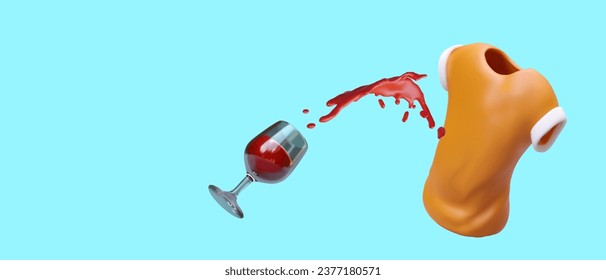 Red wine spills from glass onto t shirt. Realistic color composition. Stains on fabric. Concept for advertising detergents, stain removers. Template on blue background, place for advertiser info