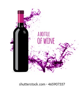 Red wine splash with bottle. Vector illustration on white background