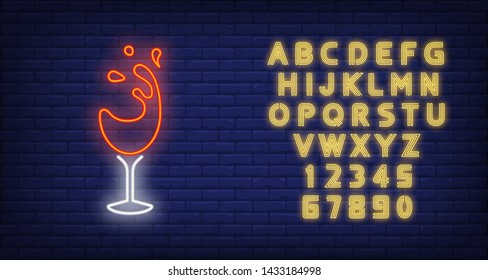 Red wine splash in glass neon sign. Wine tasting or advertisement design. Night bright neon sign, colorful billboard, light banner. Vector illustration in neon style.