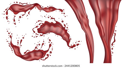Red wine splashes and jets. Realistic grape liquid in motion with flowing and falling water drops. Alcoholic drink flying, waves with swirls. 3d isolated elements on white, vector set