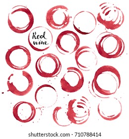 Red wine stain and drops set. Round glass prints. Vector illustration for wine list or drinks background.