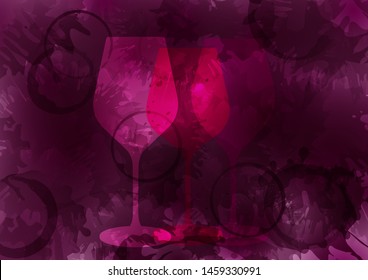 red wine stains and strokes background. Silhouettes of wine glasses. Stroke, line, vector splash. Bright background. Creative, artistic