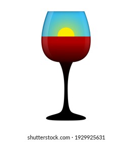 Red wine and sun in a wine glass with black long stem. Abstract vector clipart. Illustration оn blank white background.  

