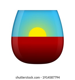 Vino rojo y sol en una copa de vino sin tallo. No hay vaso de vino de raíz. Resumen del vector clipart. Ilustración о fondo blanco en blanco.  