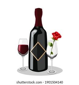 Red wine in a tall clear glass with a red rose on the side.Vector illustration isolated on white background.Alcoholic beverages.Valentine's Day.