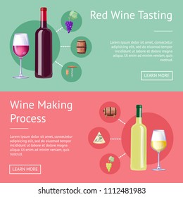 Red wine tasting and making process promo banners. Bottles with red and white vino on Internet pages. Delicious alcohol drink vector illustration.