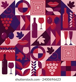 Fondo de temática de vino tinto con elementos de diseño de estilo geométrico sencillo. Patrón sin brillo con formas abstractas. Buena imagen de marca, decoración del paquete de vinos, diseño de la cubierta, impresión decorativa