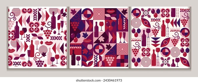 Red wine theme seamless patterns with icons, abstract design elements in simple geometric style. Good for branding, decoration of wine package, cover design, decorative print