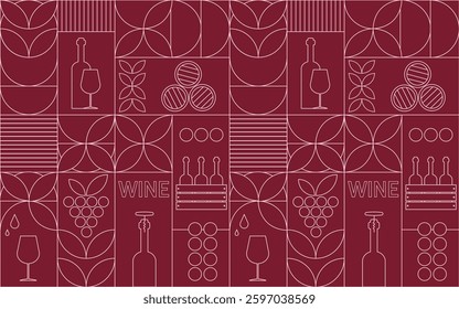 Red wine themed background with design elements in simple geometric style. Seamless trendy pattern with abstract shapes. Perfect for wine packaging design, cover design, wine menu