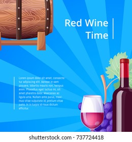 Red wine time, poster with headline and additional information, with icons of barrel with alcoholic drink, bottle and glass vector illustration