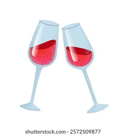 Red wine two glasses. Cheers with wine glasses. Romantic toast concept for Valentines day, date decor, poster, banner. Cartoon vector illustration isolated on white background.