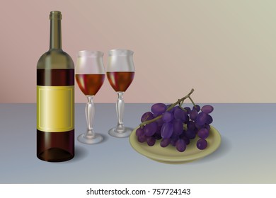 Red wine vector illustration. Wine bottle with two glasses and grapes