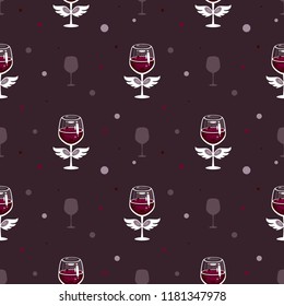 Red wine vector illustration. Seamless pattern. Wine Glasses with wings. Template for textile, wine label, bar and menu decoration.