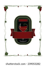 red wine vector label with a glass of wine and ornaments