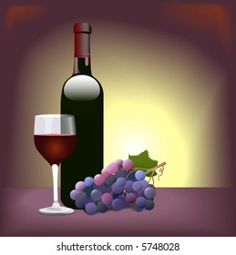 Red Wine Vignette: Scene with Bordeaux bottle, grapes, wine glass.