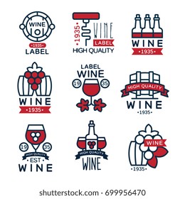 Red wine vintage labels set, collection of abstract grape wine logo emblems vector Illustrations