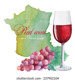 Red wine. Watercolor silhouette of France, red wine glass and bunch of grapes. Hand drawn vector illustration of Winemaking in France