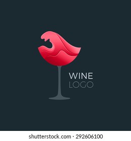 Red Wine Wave Shape in the Glass. Symbol Icon Design. Wineglass Logo Concept. Vector Illustration.