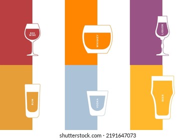 Red Wine, Whiskey, Whiskey, Liquor, Rum, Vodka, Beer Glass In Minimalist Linear Style With Text. Contour Of Glassware On Right Side In Form Of Fine Line. Four Vector Types Of Multi-colored Drink.