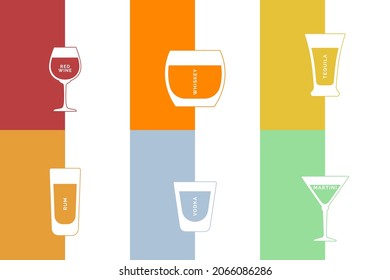 Red wine, whiskey, tequila, rum, vodka, martini glass in minimalist linear style with text. Contour of glassware on right side in form of fine line. Four types of multi-colored drink. Isolated image.