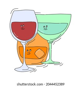 Red wine whiskey vermouth glassware with smile face on white background. Cartoon sketch. Doodle style with black contour line. Cute hand drawn glass. Party drinks concept. Kawaii freehand drawing.