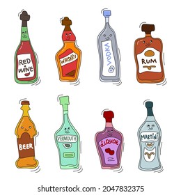 Red wine whiskey vodka rum beer vermouth liquor martini and with smile on white background. Cartoon sketch. Doodle style with black contour line. Cute hand drawn bottle. Party drinks concept. Freehand