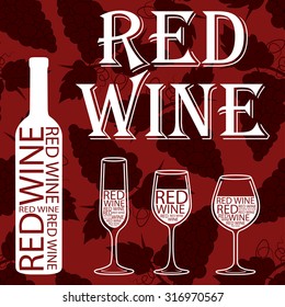 red wine with white bottle and glasses. grape pattern on a red background