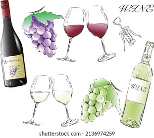 red wine, white wine and grapes set