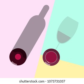 Red wine in wineglass and bottle. Top view icons on pastel colors background. Illustration for poster, banner, t-shirt.