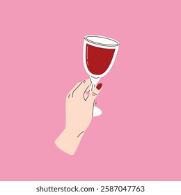 Red wine in wineglass. Female hand holding glass of red wine. Woman hand with alcohol drink, girl hand raised coctail flat cartoon style. Vector illustration.