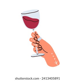 Vino rojo en la copa de vino. Mano sosteniendo el vidrio sobre el tallo, batiendo la bebida para degustación, oliendo. Brazo levantado con bebida alcohólica en goblet. Ilustración vectorial gráfica plana aislada en fondo blanco