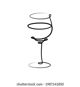 Red wine wineglass on white background. Graphic arts sketch design. Black one line drawing style. Hand drawn image. Alcohol drink concept for restaurant, cafe, party. Freehand drawing style. Vector.
