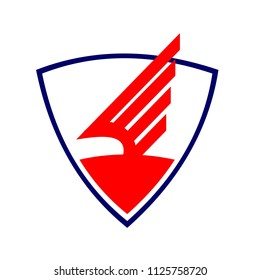 Red wing inside a blue shield vector logo design template. Suit for sports team logo, product emblem, school mascot, trophy design, etc