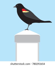 A red winged black bird is resting on a white vinyl fence post