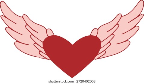 Icono rojo del corazón alado con las plumas rosadas, símbolo romántico del amor que vuela para el día de San Valentín y la libertad, Ilustración vectorial aislada