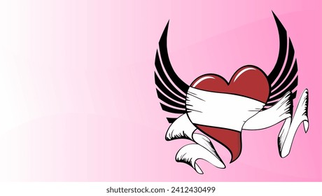 red winged heart tattoo ink sticker background postal card in vector format