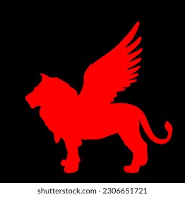 Red winged lion vector silhouette illustration isolated on black background. Animal king beast with wings symbol. Mythology creature. Power, strength danger hunter. Success, rich symbol. Strong wild