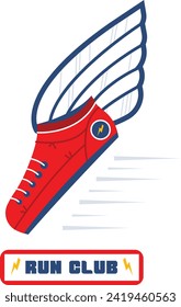 La zapatilla roja simboliza la velocidad, el atletismo para correr el logo del club. Corredoras de ritmo rápido ideal para el emblema del equipo deportivo con diseño de zapato alado.