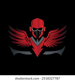 Red winged warrior logo futuristic masked fighter with wings. Dynamic red winged helmet logo design.