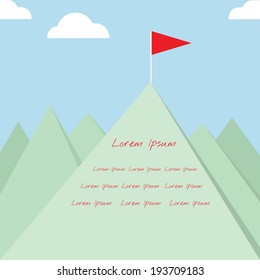 Red winner flag on top of the mountain, successful concept