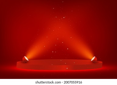 Red Winner stage, podium illuminated by searchlights. Empty pedestal with illuminated projector. Light sources, floodlight. Concept for product. display podium.Vector